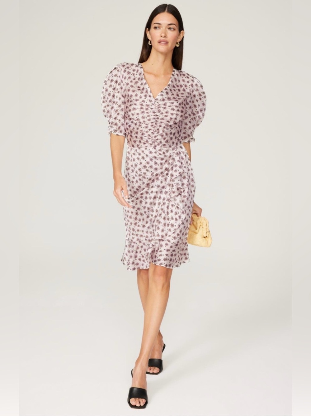 Maje~Ralitina Pink Floral Puff-Sleeve V-Neck Midi Dress~Size 36 (US 4)~$415~